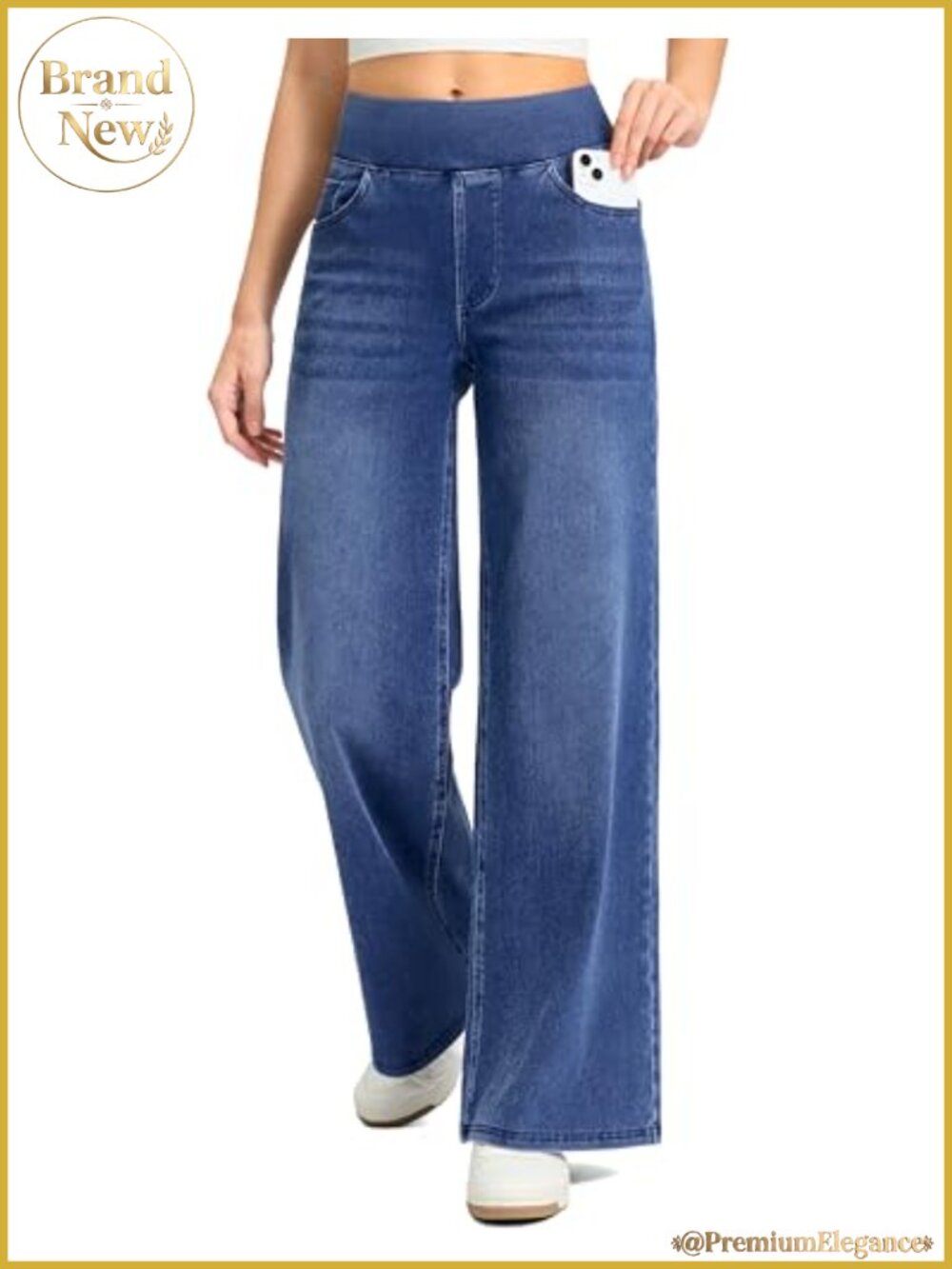Women's Wide Leg Pull On Stretch Denim Pants High Waisted